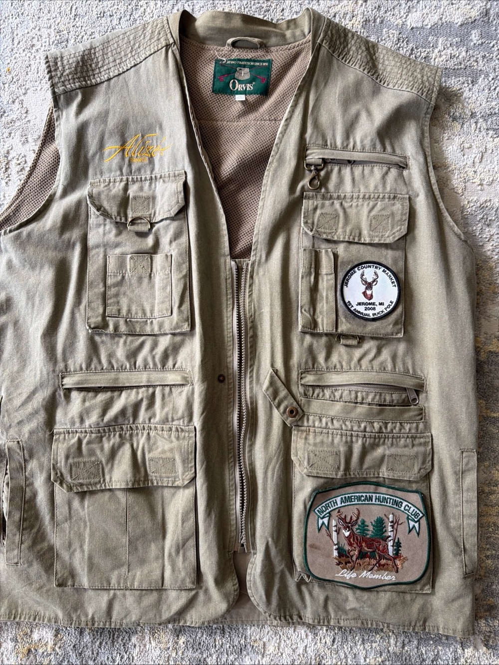 Orvis Tan Utility Field Vest with Patch Details